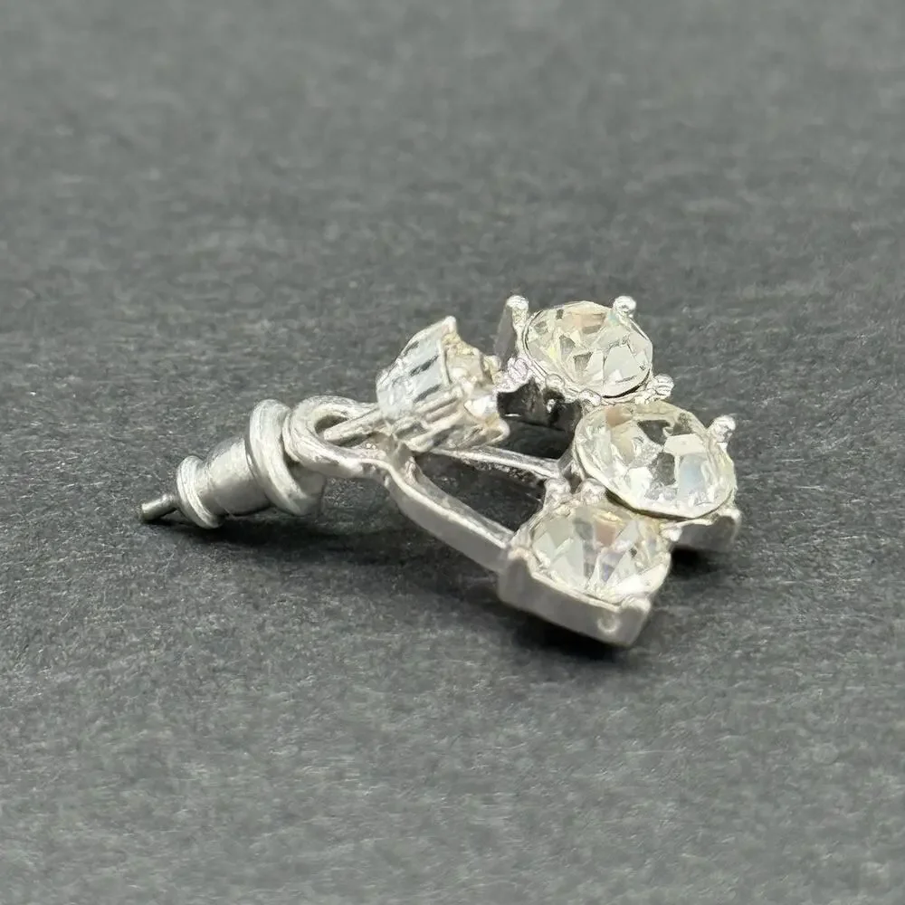 Vintage Silver-Tone Clear Rhinestone Triple Droplet Fan Post Earrings Set